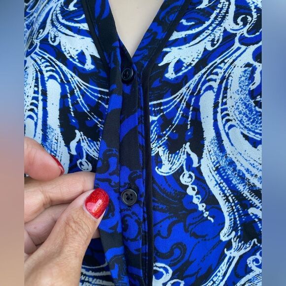EUC DANA BUCHMAN Blue/Black Boho V-Neck Button Up Long Sleeve Blouse Size 6 - Picture 4 of 13